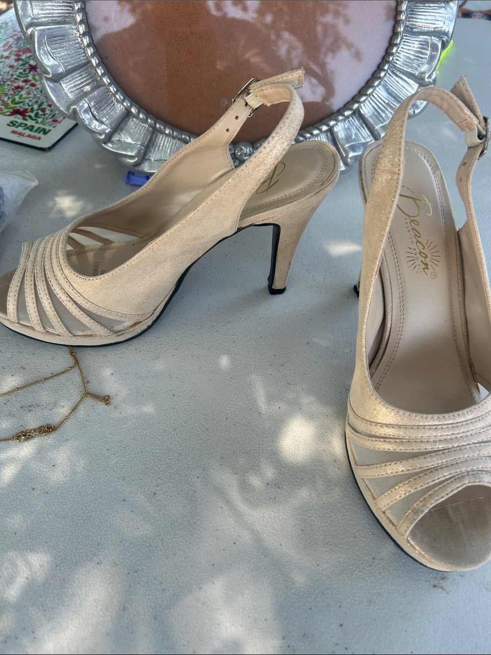 Beacon Nude Beige Slingback Peep-Toe Heels